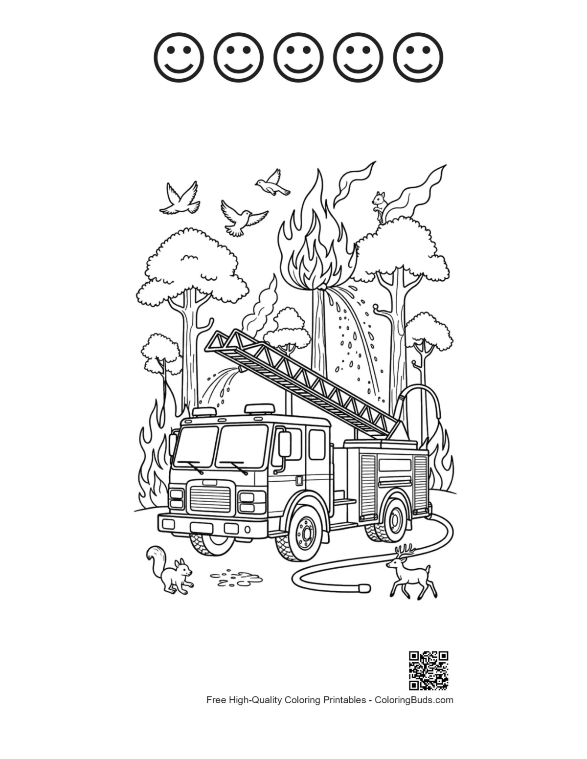 Printable fire engine with 5 happy faces