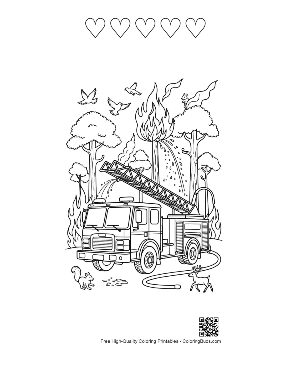 Fire engine coloring printable with heart outlines