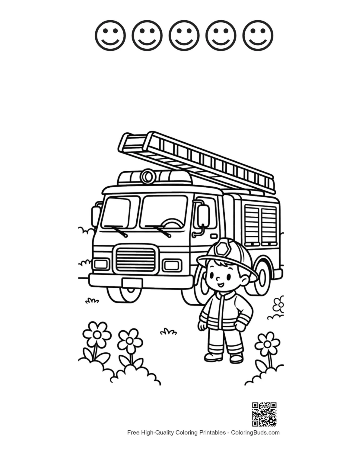 Fire engine coloring sheet with happy faces