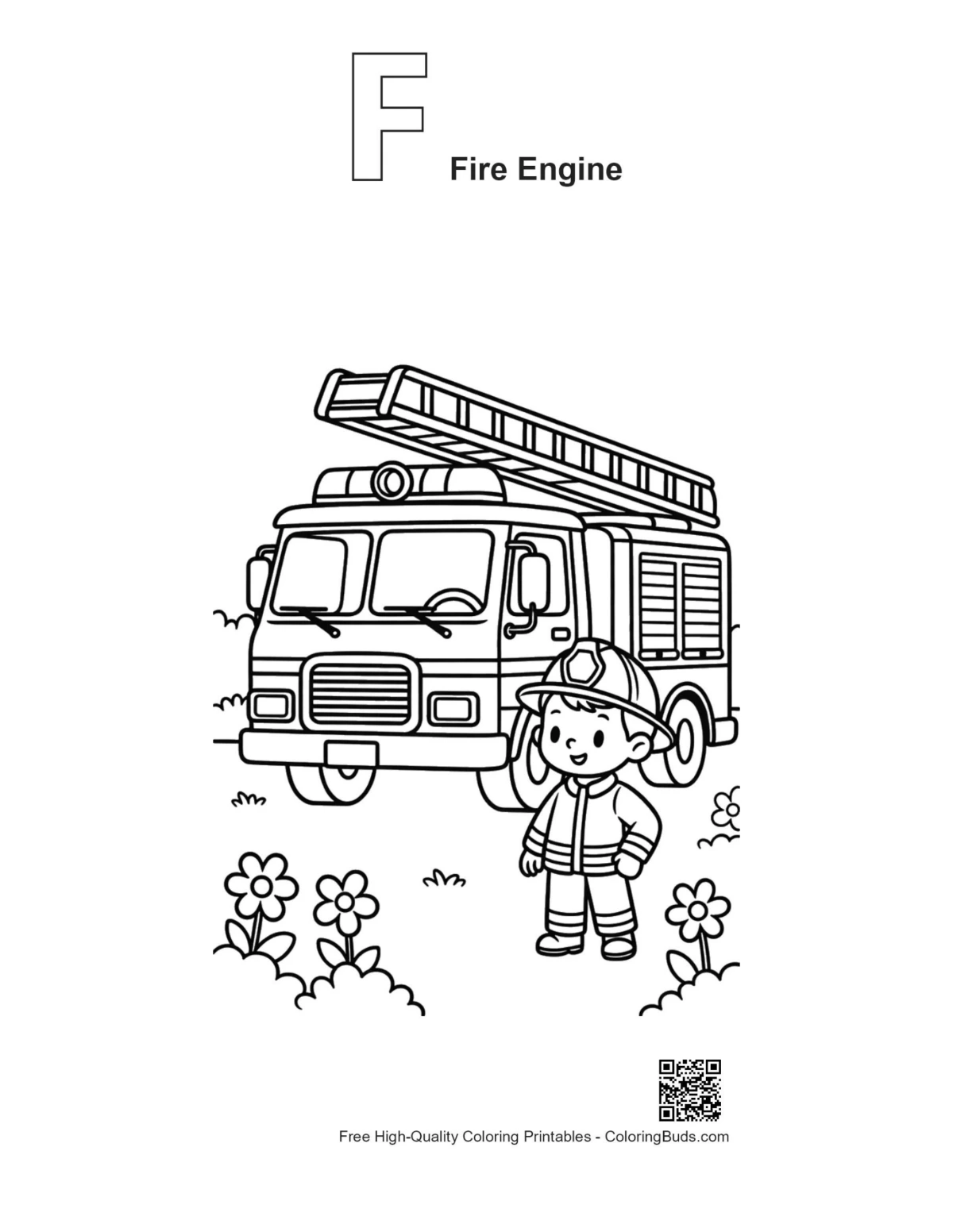 Alphabet F fire engine coloring page printable