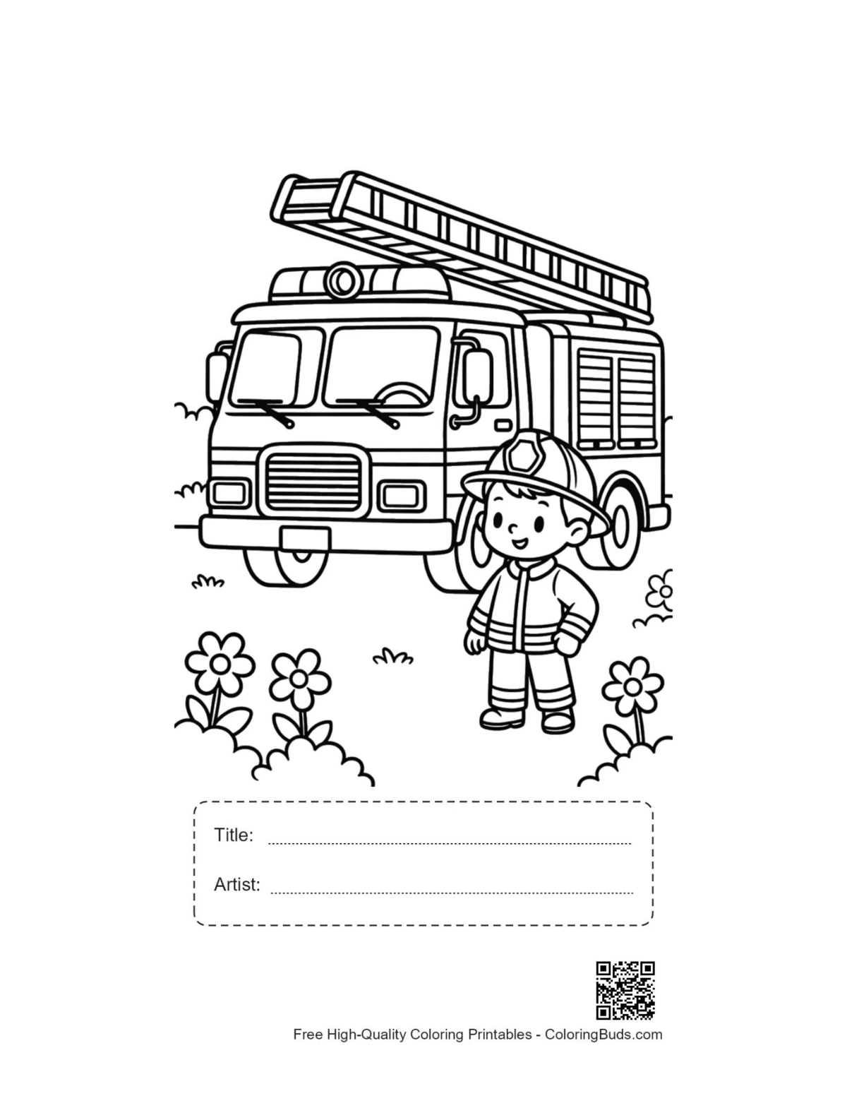 Fire engine coloring printable with title box