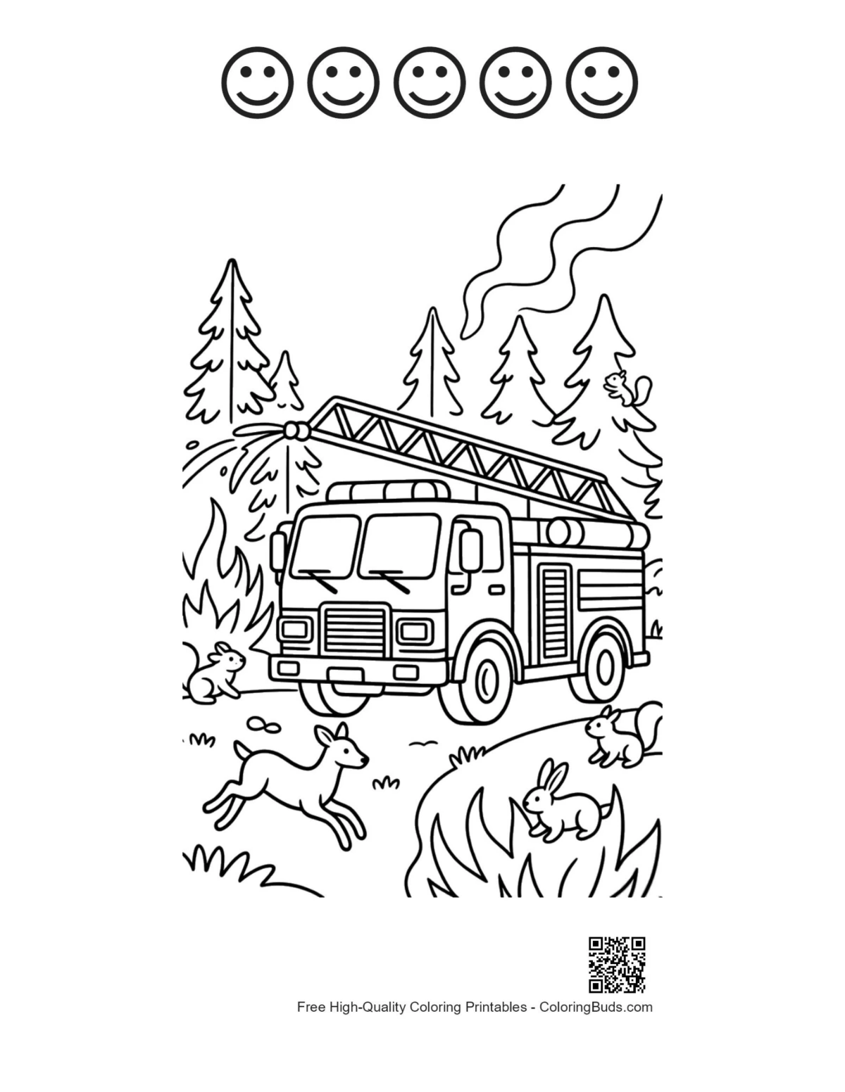 Fire engine forest printable 5 happy faces outline