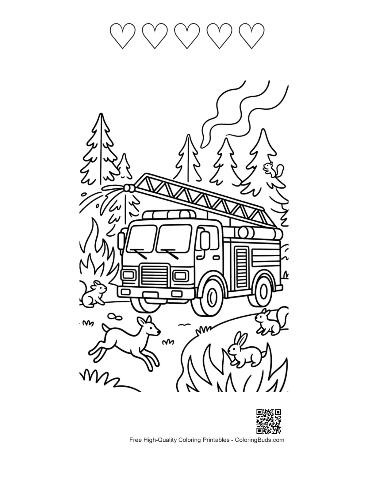 Fire engine forest printable with 5 hearts outline