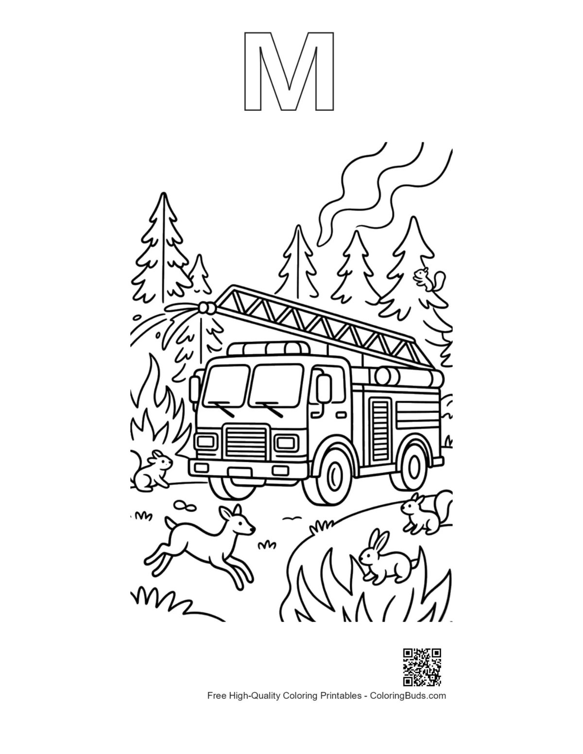 Fire engine forest printable alphabet M outline