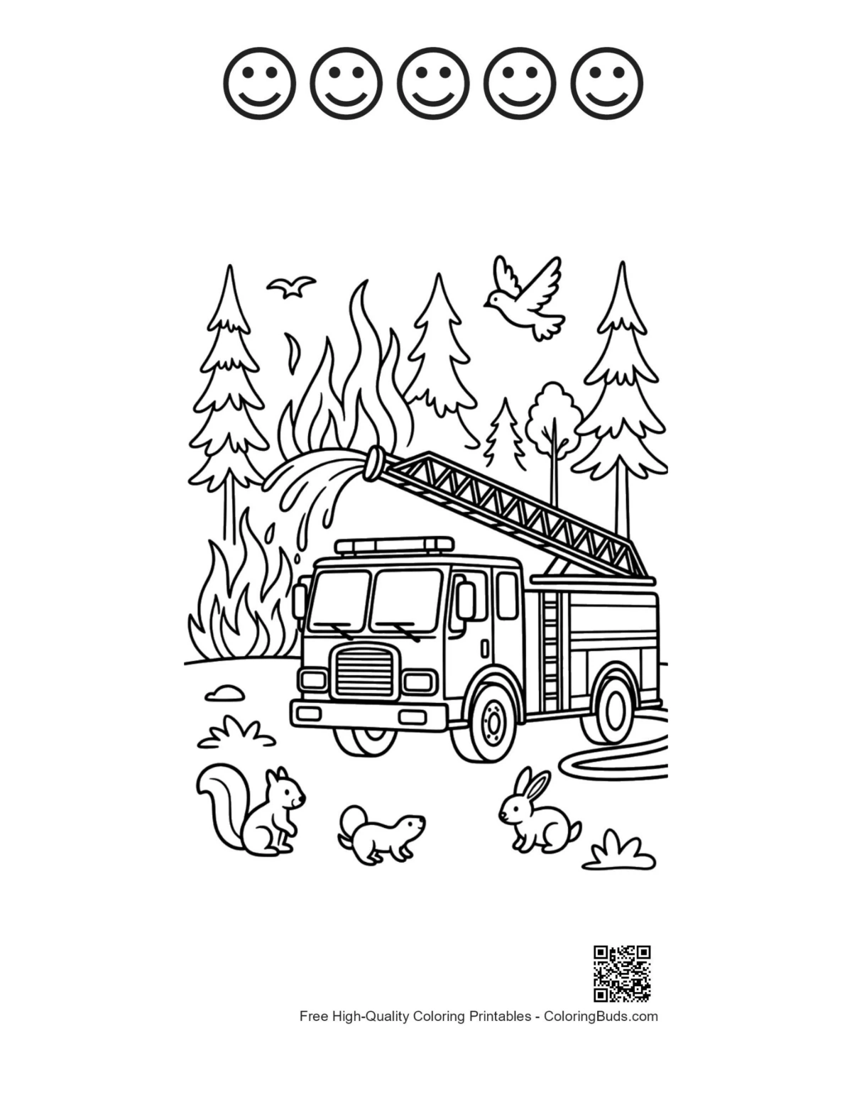 Fire engine 5 happy face outlines parked near trees