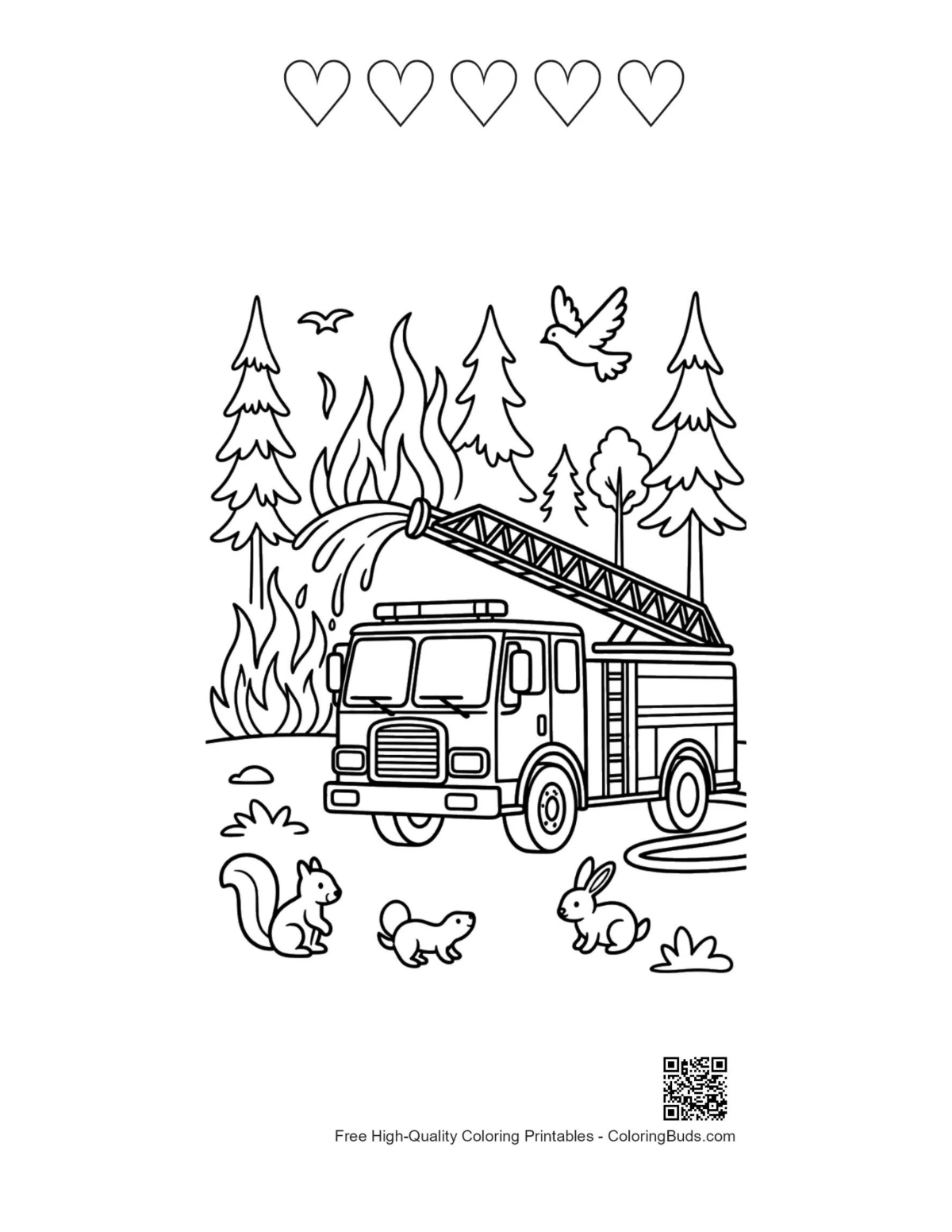 Fire engine with 5 heart outlines near forest printable