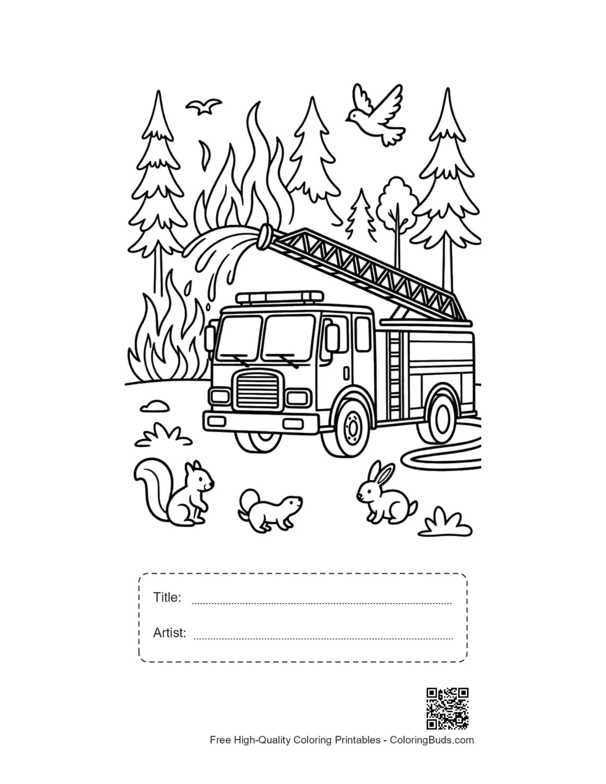 Fire engine printable with title artist box near trees