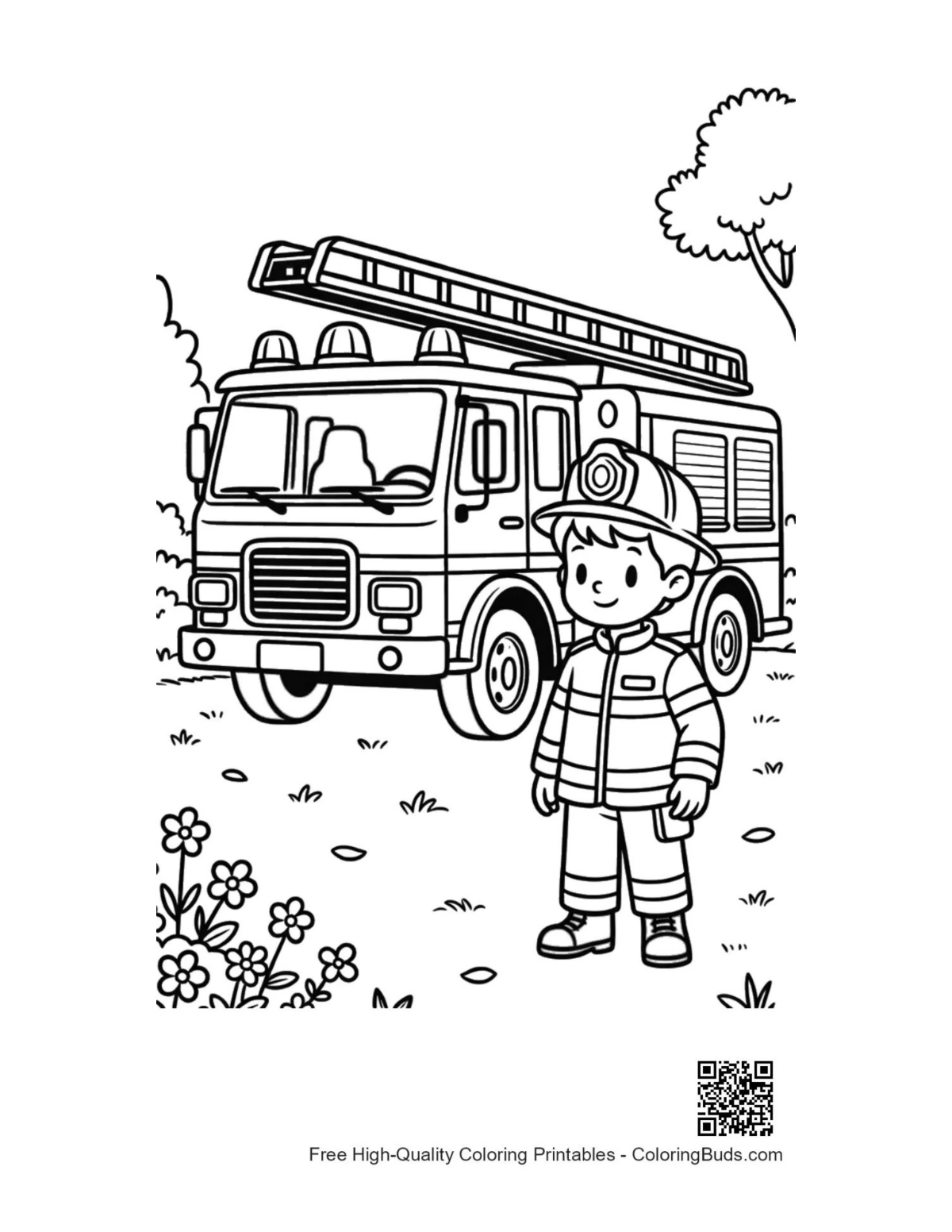 Firefighter in full gear with modern fire engine printable