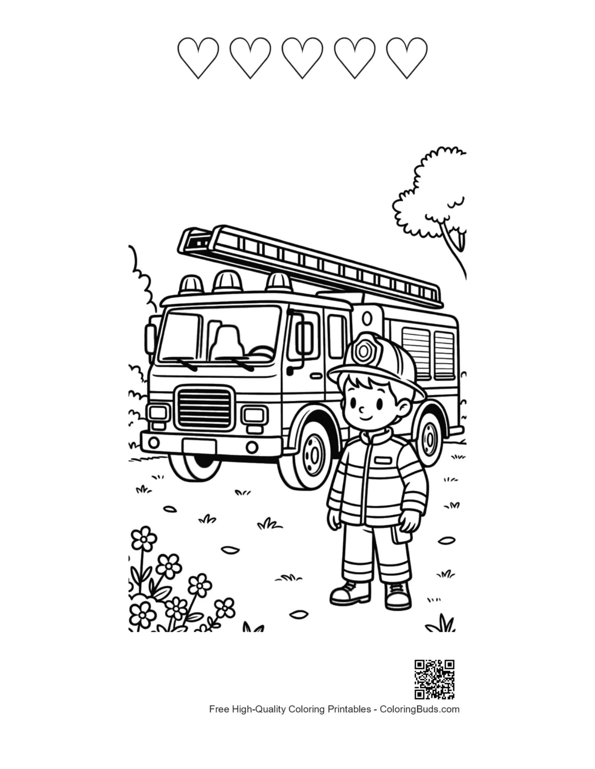Firefighter modern fire engine with 5 heart outlines