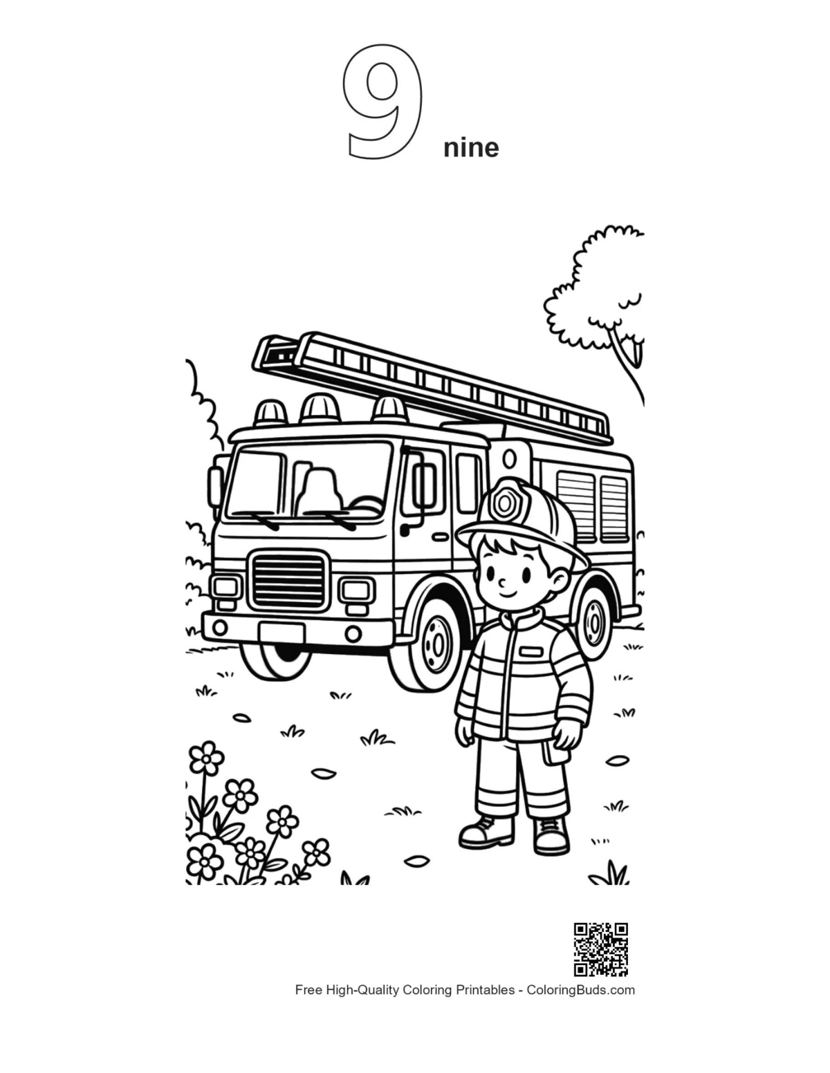 Firefighter fire engine printable with number 9 outline