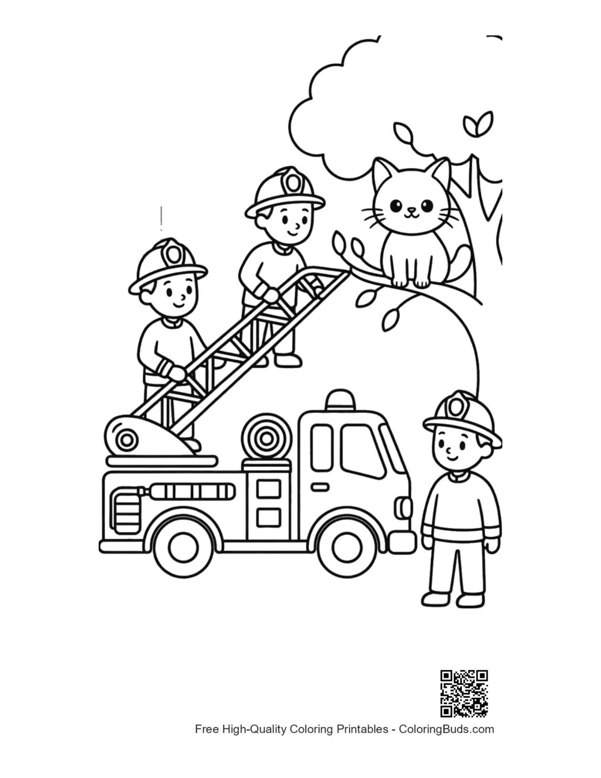 Firefighters cat emergency fire engine coloring page