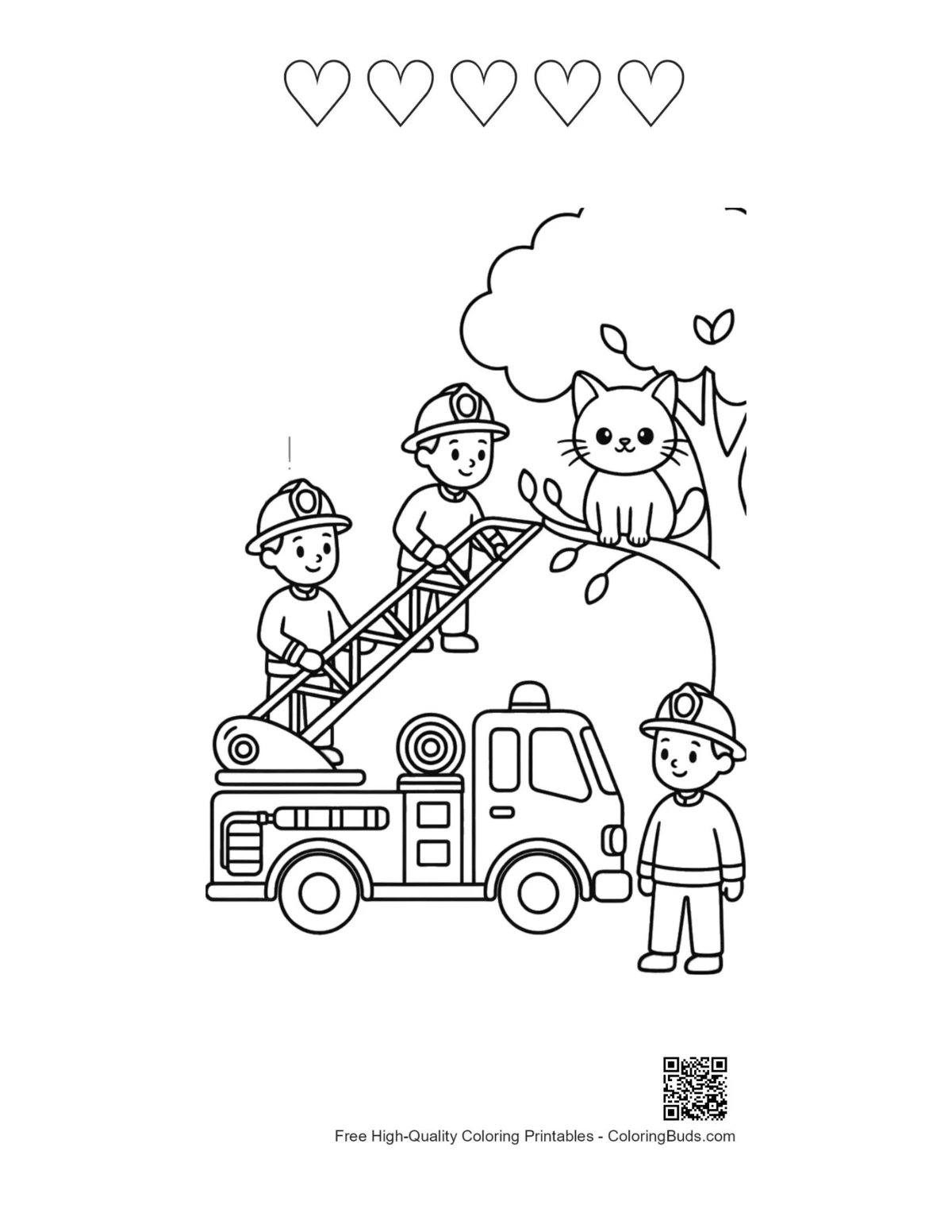 Fire Engine coloring 5 hearts firefighters rescuing cat