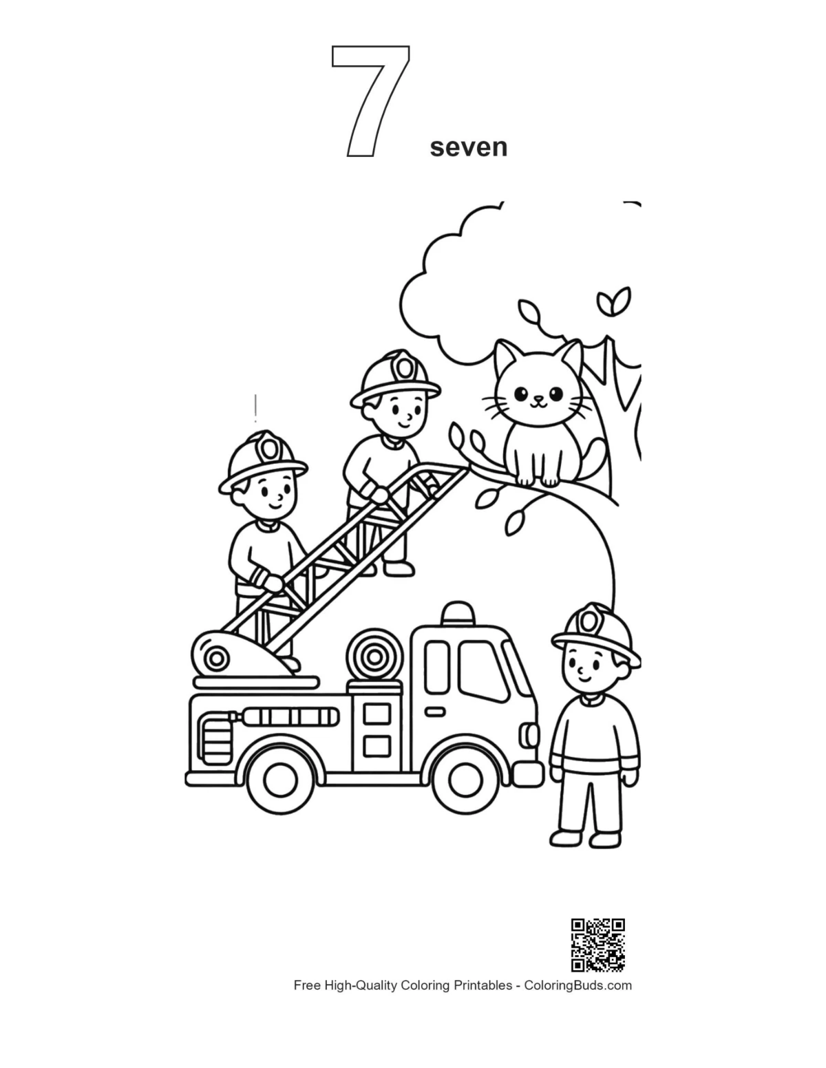 Fire engine coloring page outline number 7 firefighters cat