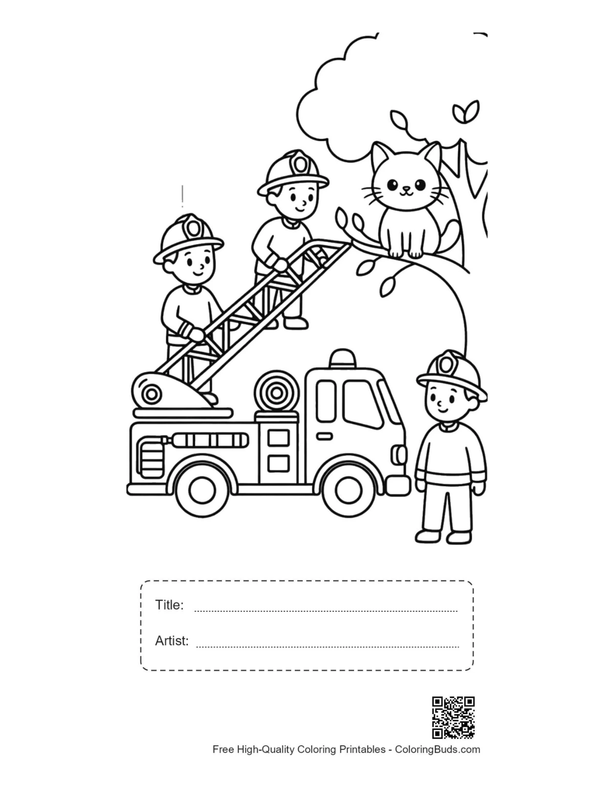 Fire engine printable with title artist box firefighters cat