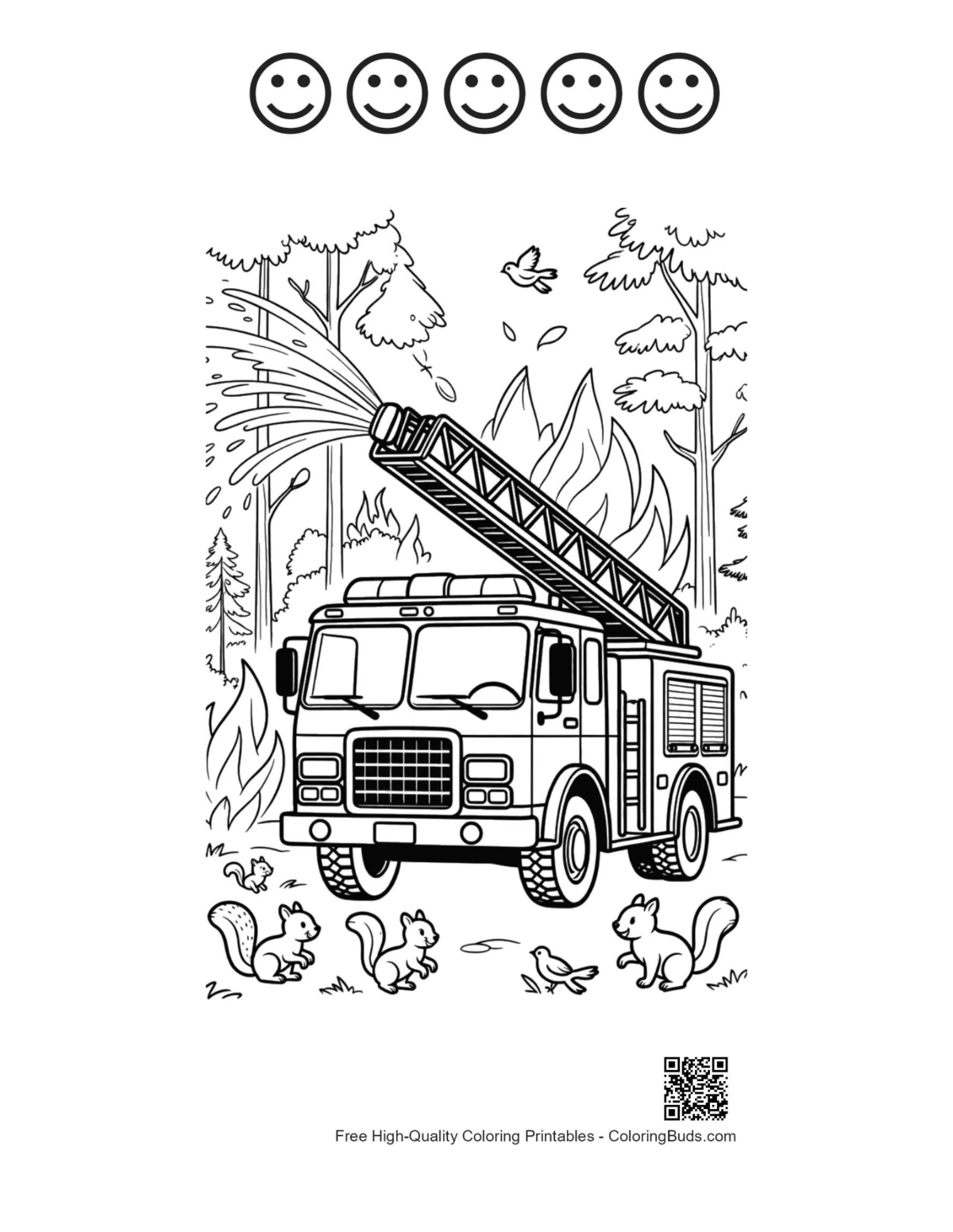 Free fire engine with 5 happy face outlines printable