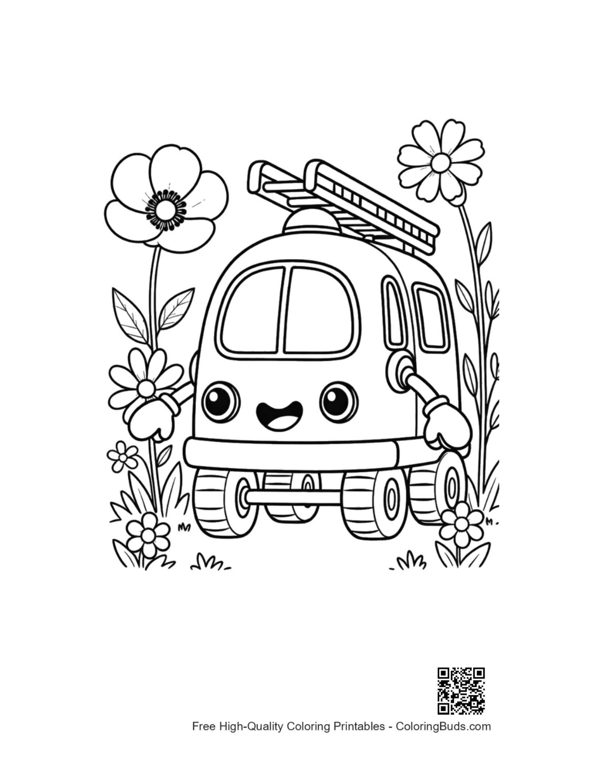 Smiling friendly fire engine printable for kids