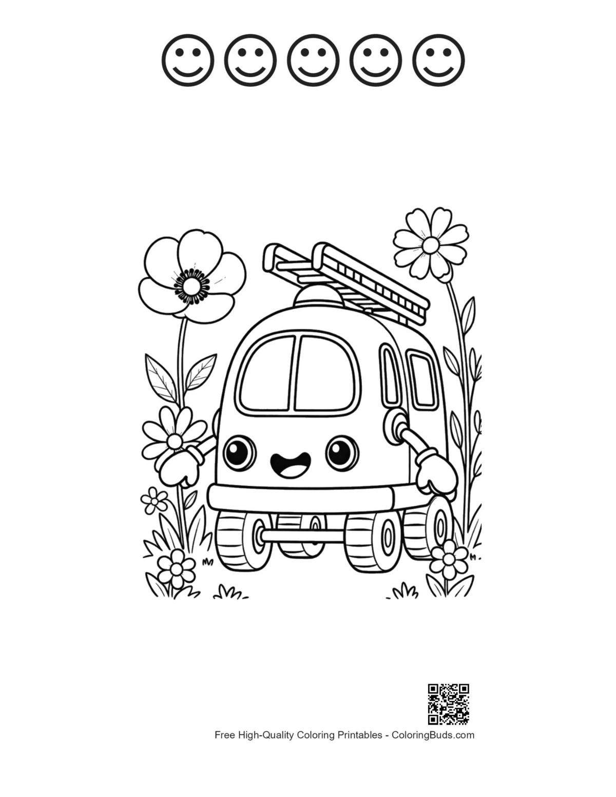 Fire engine printable with 5 happy faces