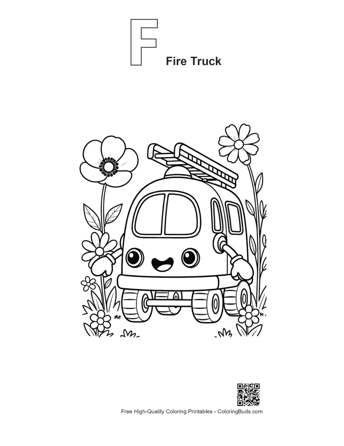 Outline alphabet F fire truck smiling printable