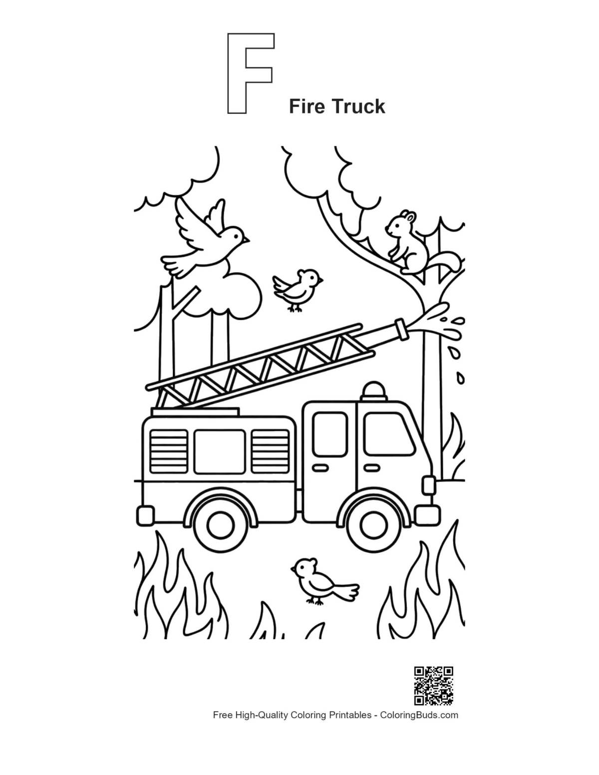 Fire engine woods outline alphabet F printable coloring page