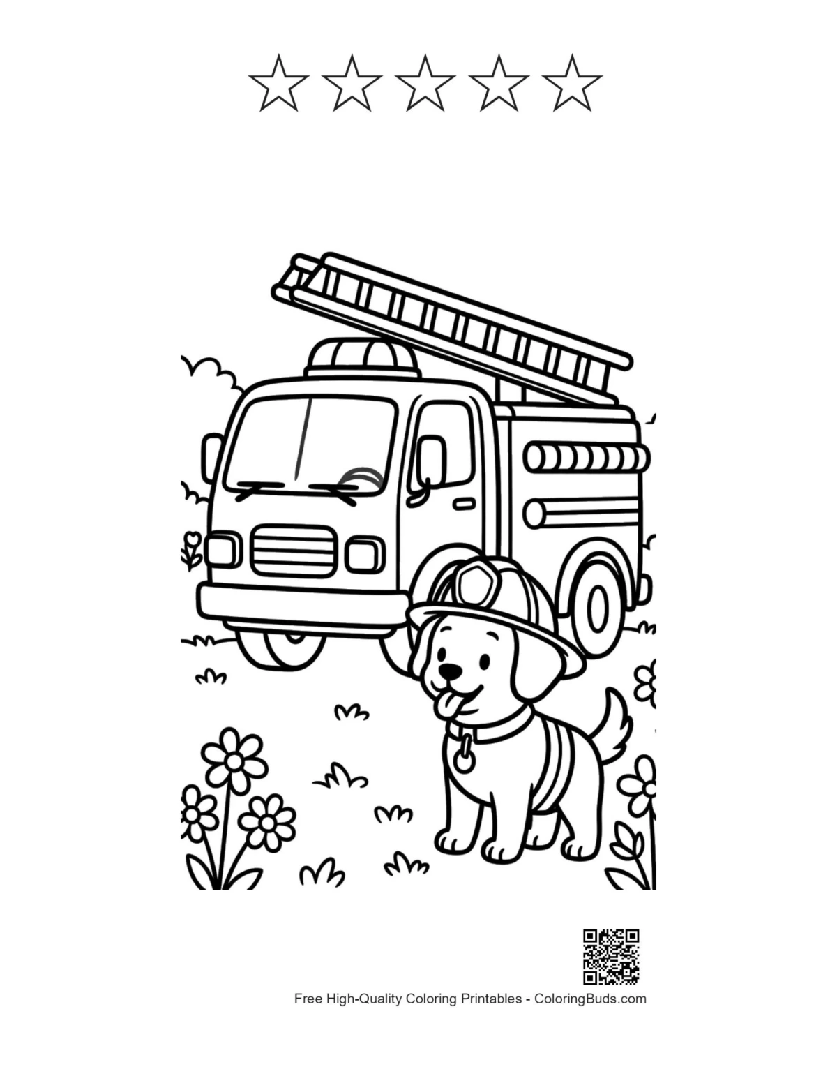 Rescue pup fire engine with 5-star outline printable