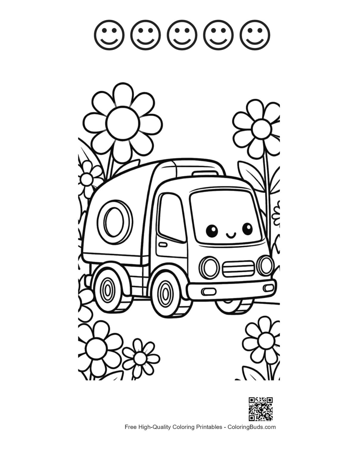 Truck coloring page 5 happy faces big eyes