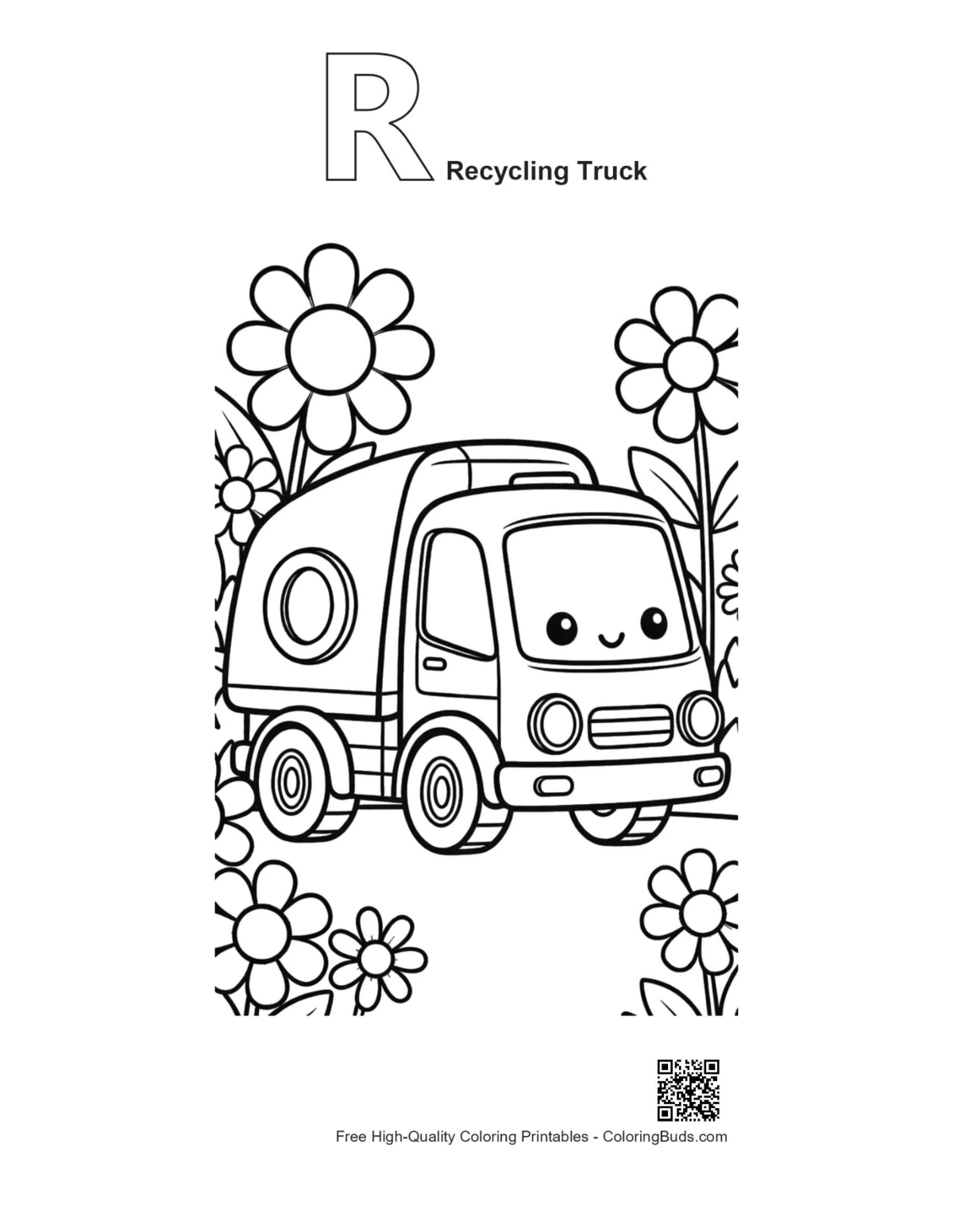 Recycling truck coloring page alphabet R outline