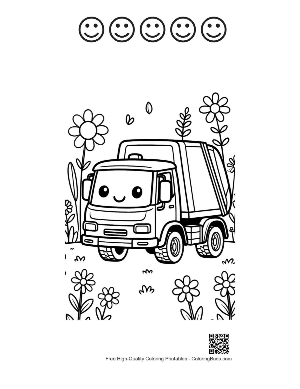 Recycling truck coloring with 5 happy faces outline
