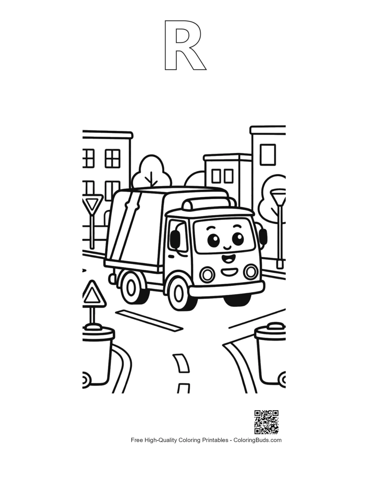 Recycling truck coloring page alphabet R outline