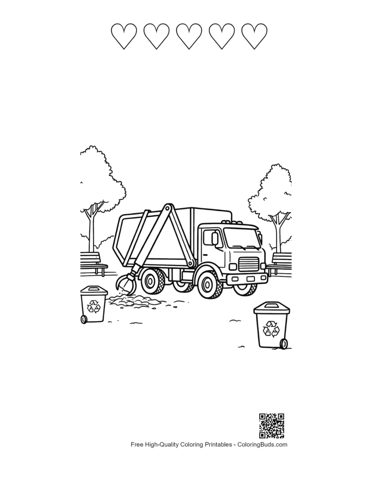 Recycling truck printable with 5 heart outlines kids