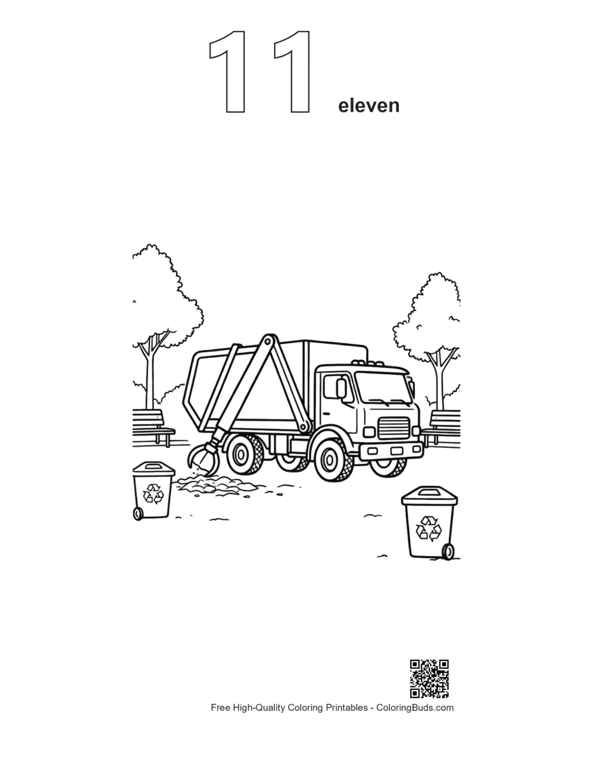 Recycling truck outline with number 11 for kids coloring