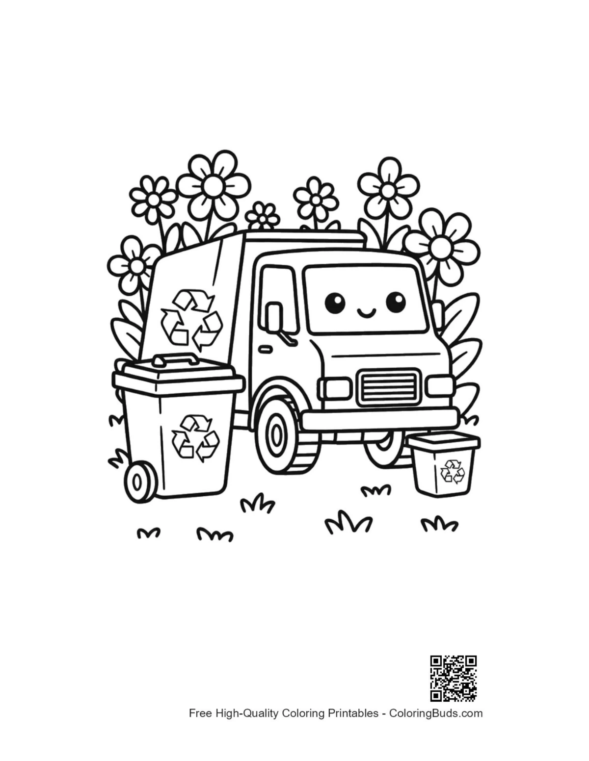 Friendly recycling truck bin buddy coloring printable