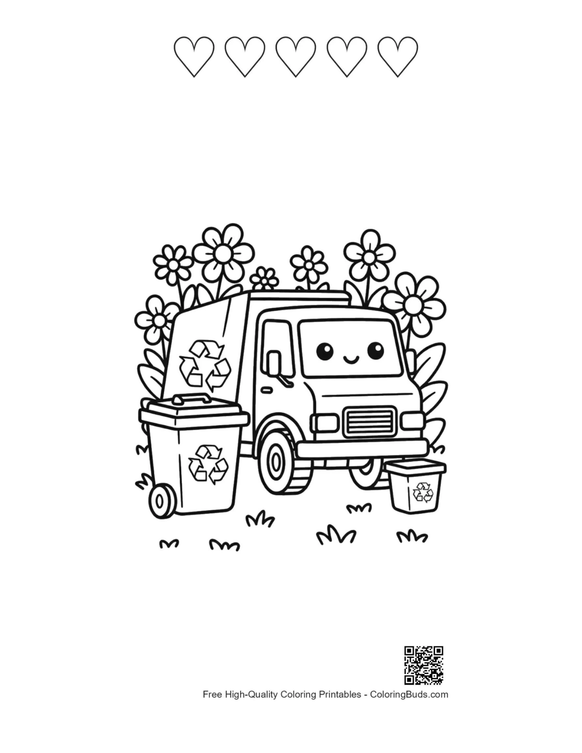 Recycling truck with 5 heart outlines printable