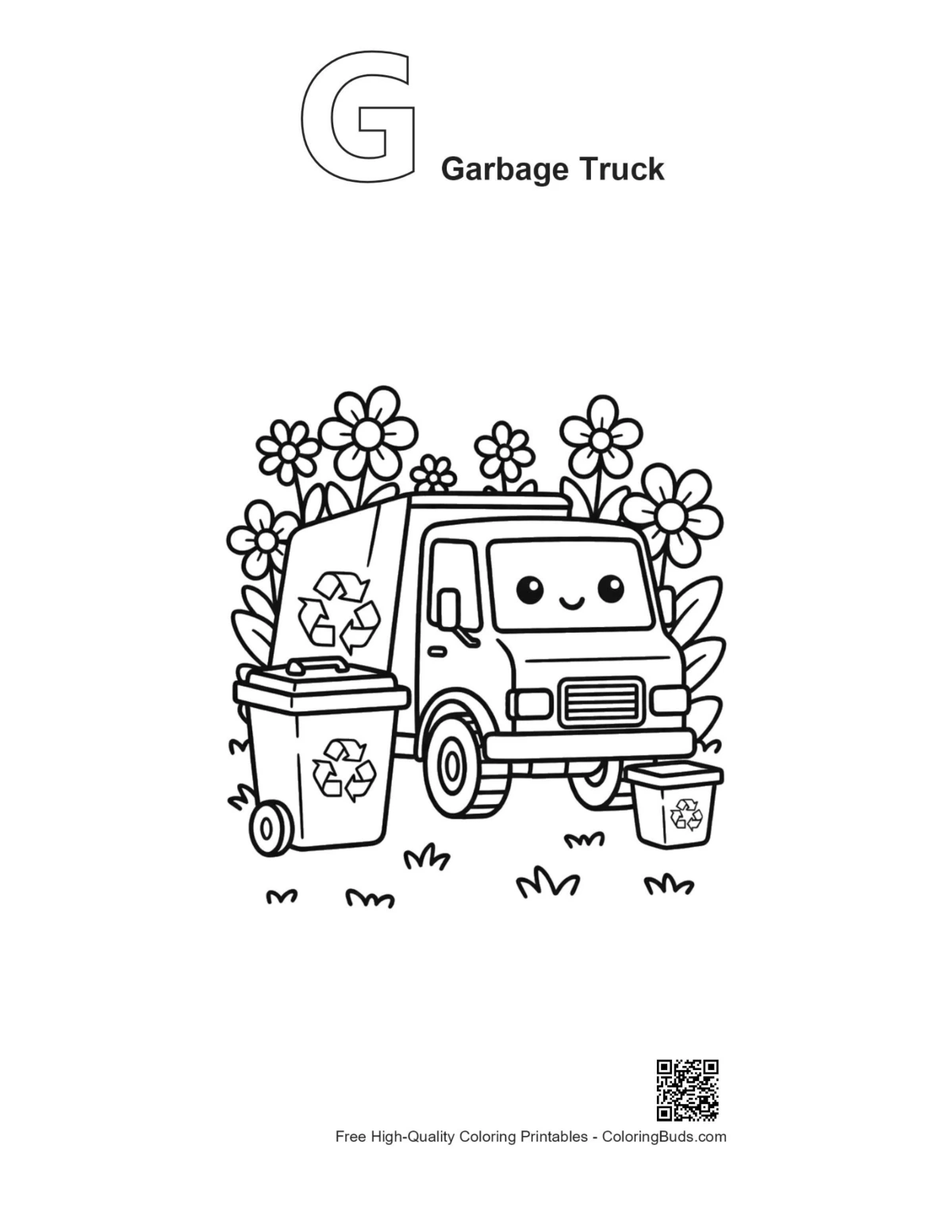Recycling truck alphabet G garbage outline printable