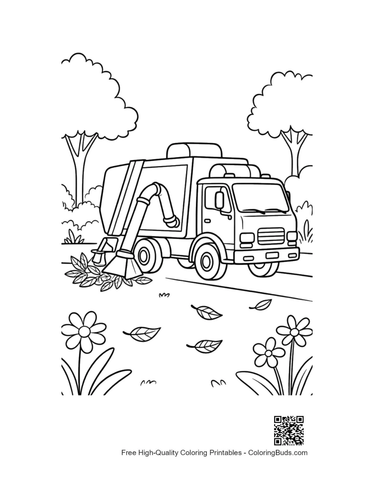 Garbage truck collecting leaves in flowery garden coloring page