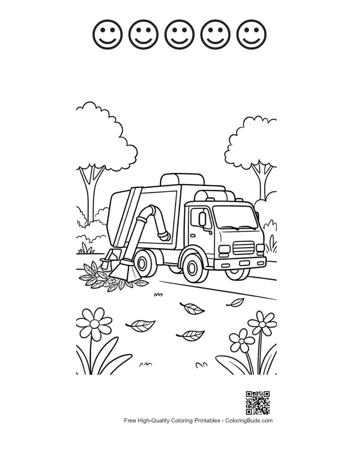 Garbage truck leaves printable with 5 happy faces