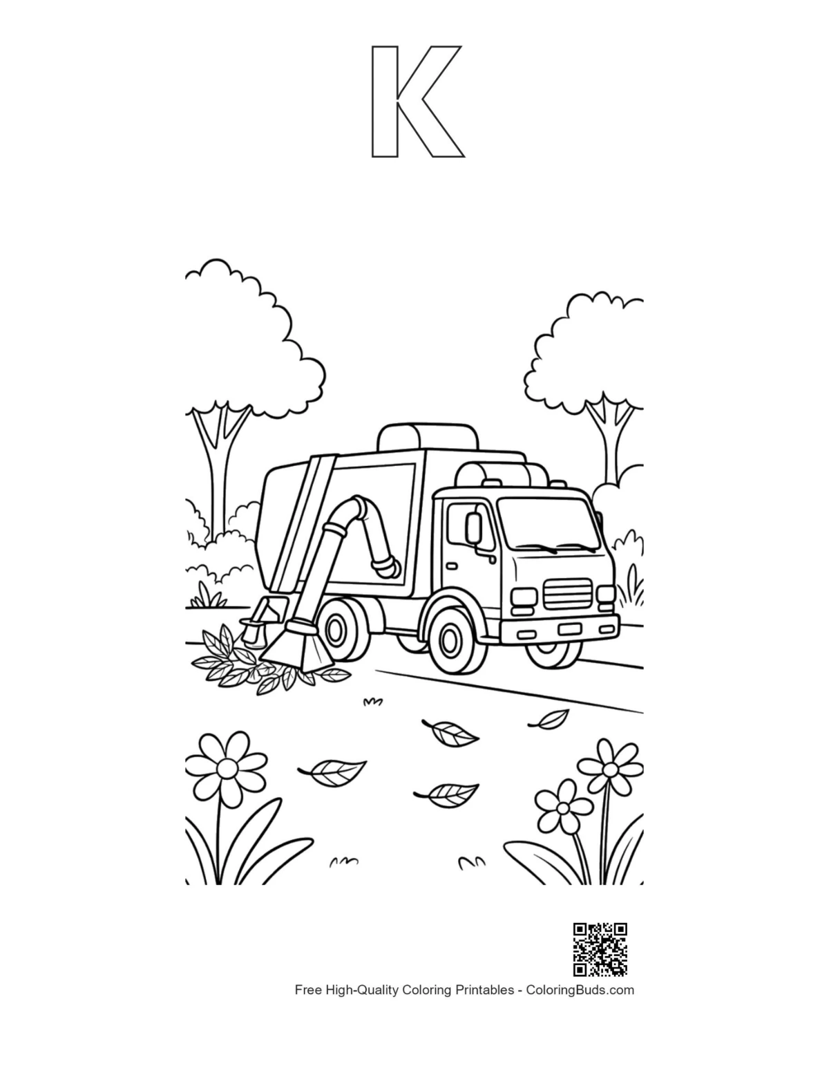 Garbage truck garden printable with alphabet K outline