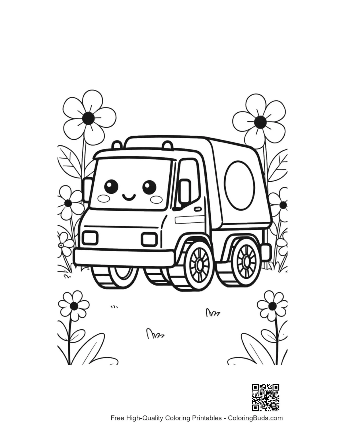 Happy cartoon recycling truck coloring page in flower garden
