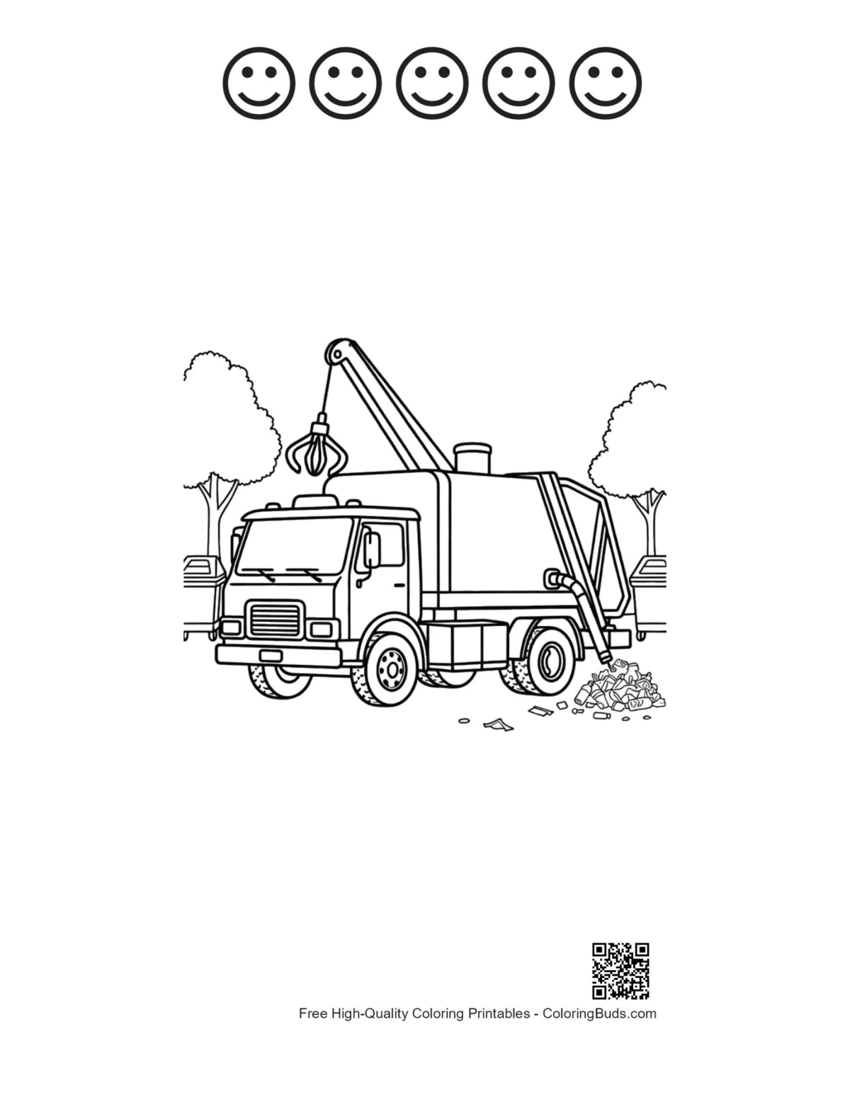 Recycling truck 5 happy faces outline coloring page