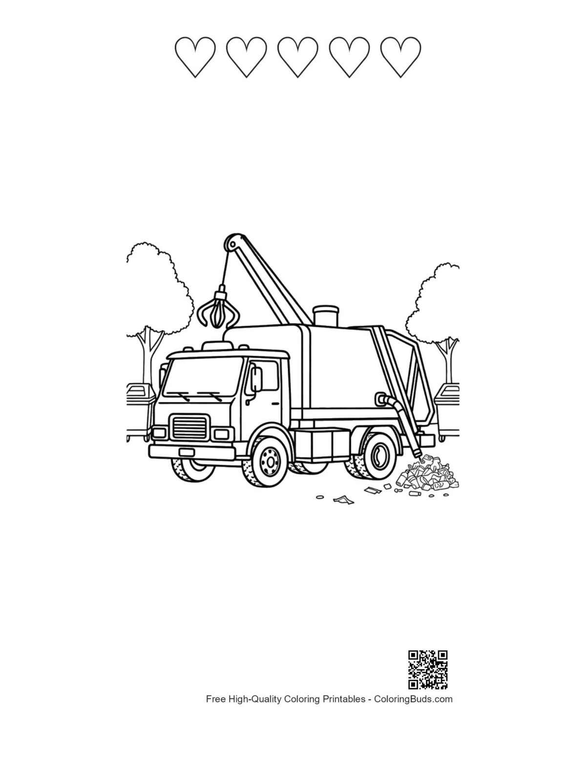 Recycling truck with 5 heart outline printable sheet