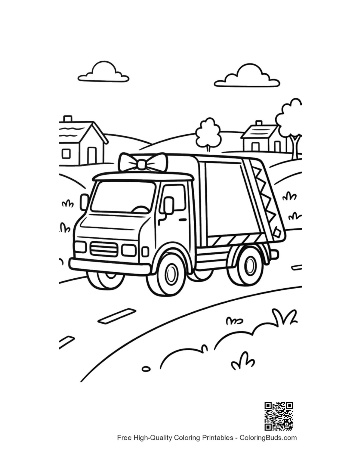 Large recycling truck on country road coloring page
