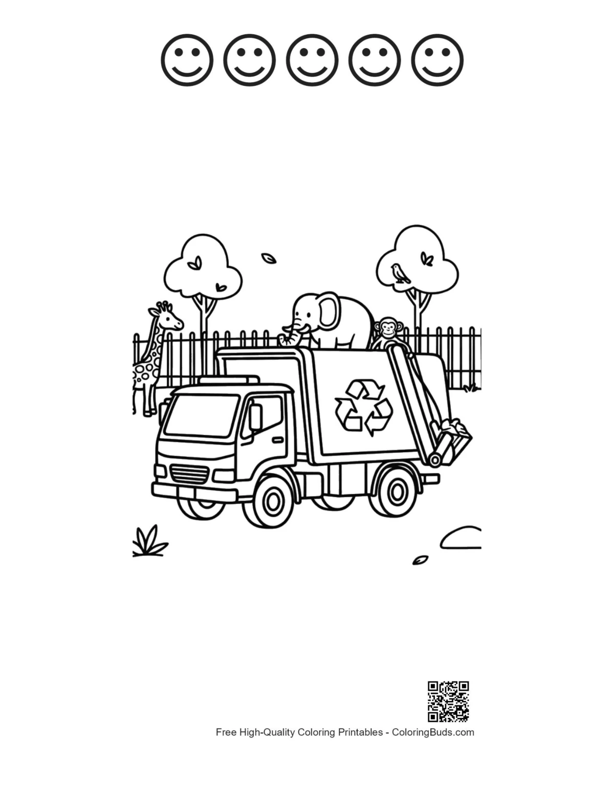 Modern recycling truck park with 5 happy faces outline