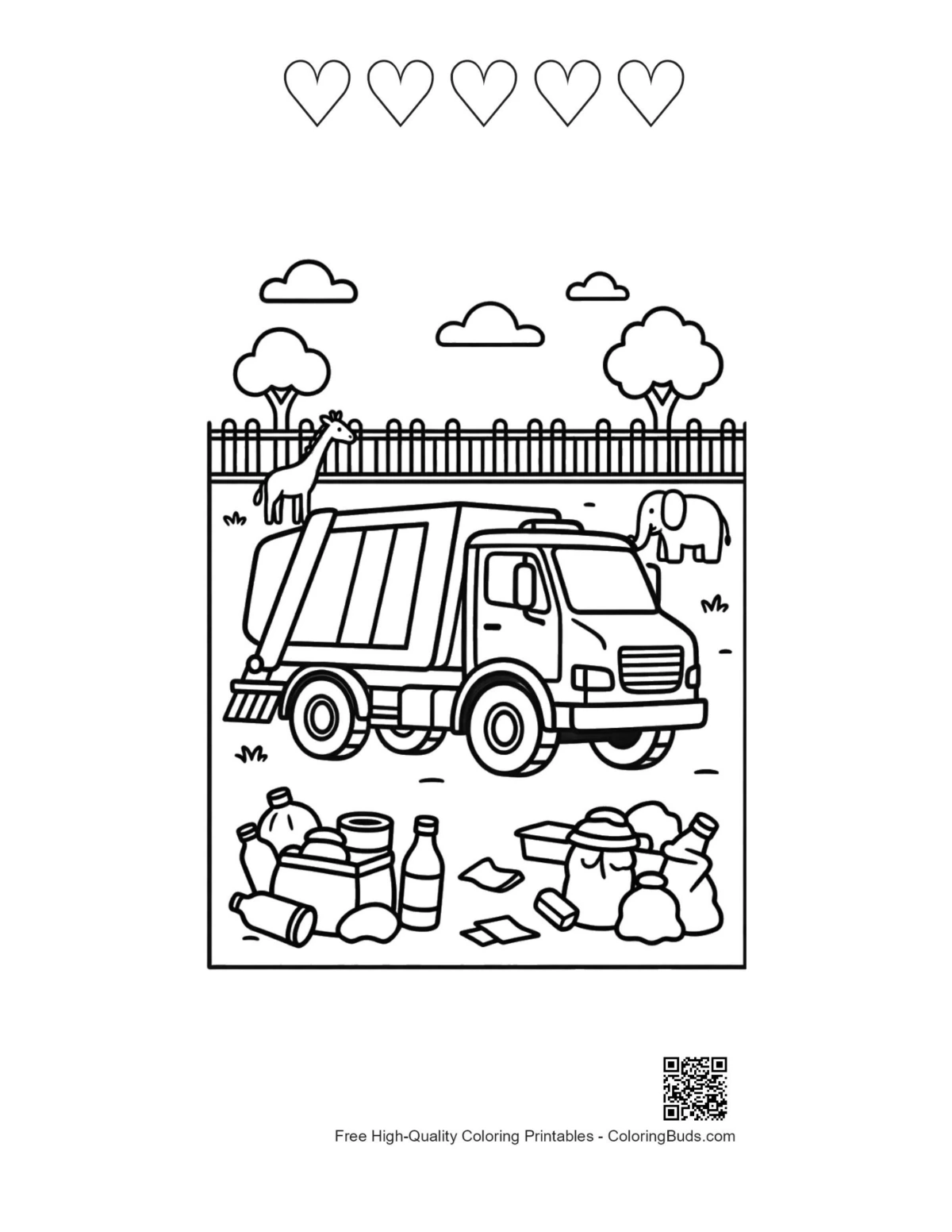 Recycling truck with 5 heart outlines page