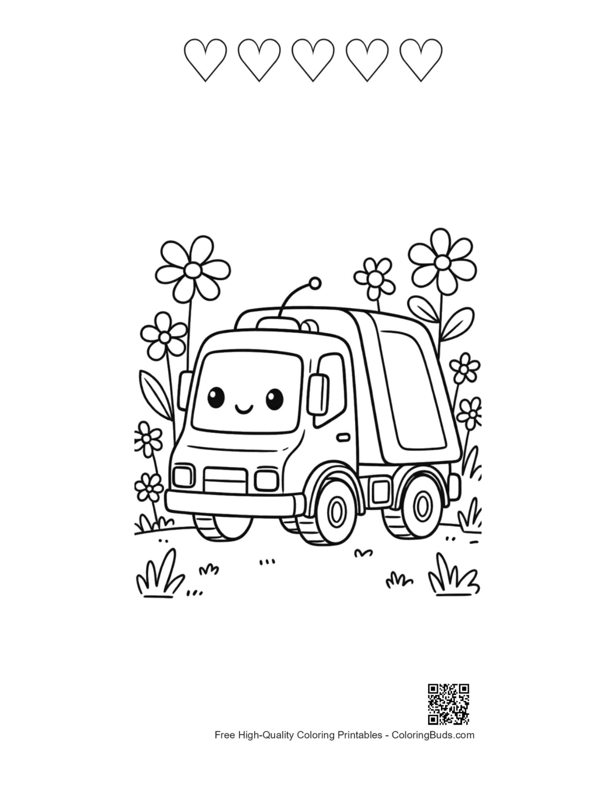 Recycling truck coloring page with 5 heart outlines