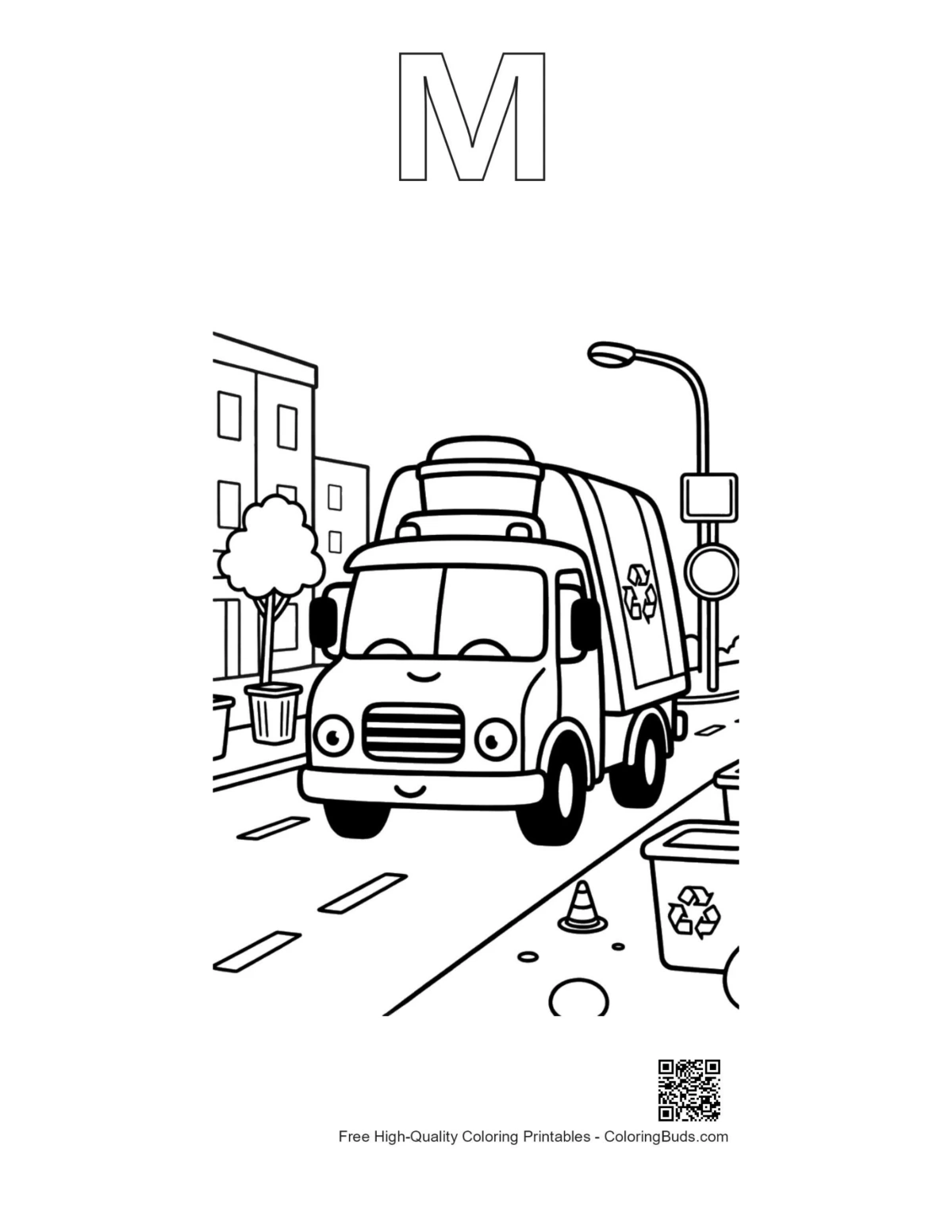 Recycling truck coloring outline with alphabet M