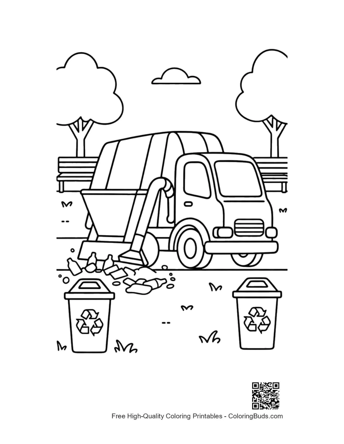 Recycling truck sorted bins city street coloring printable