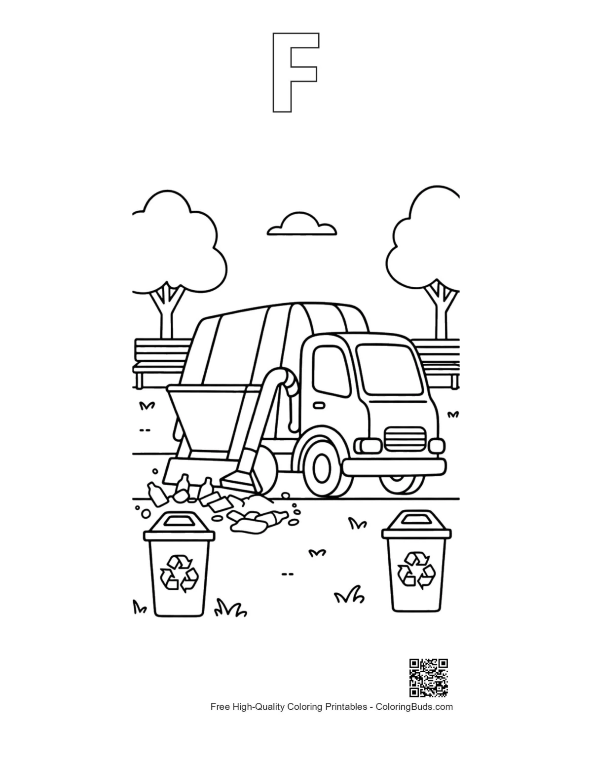 Recycling truck outline alphabet F coloring printable