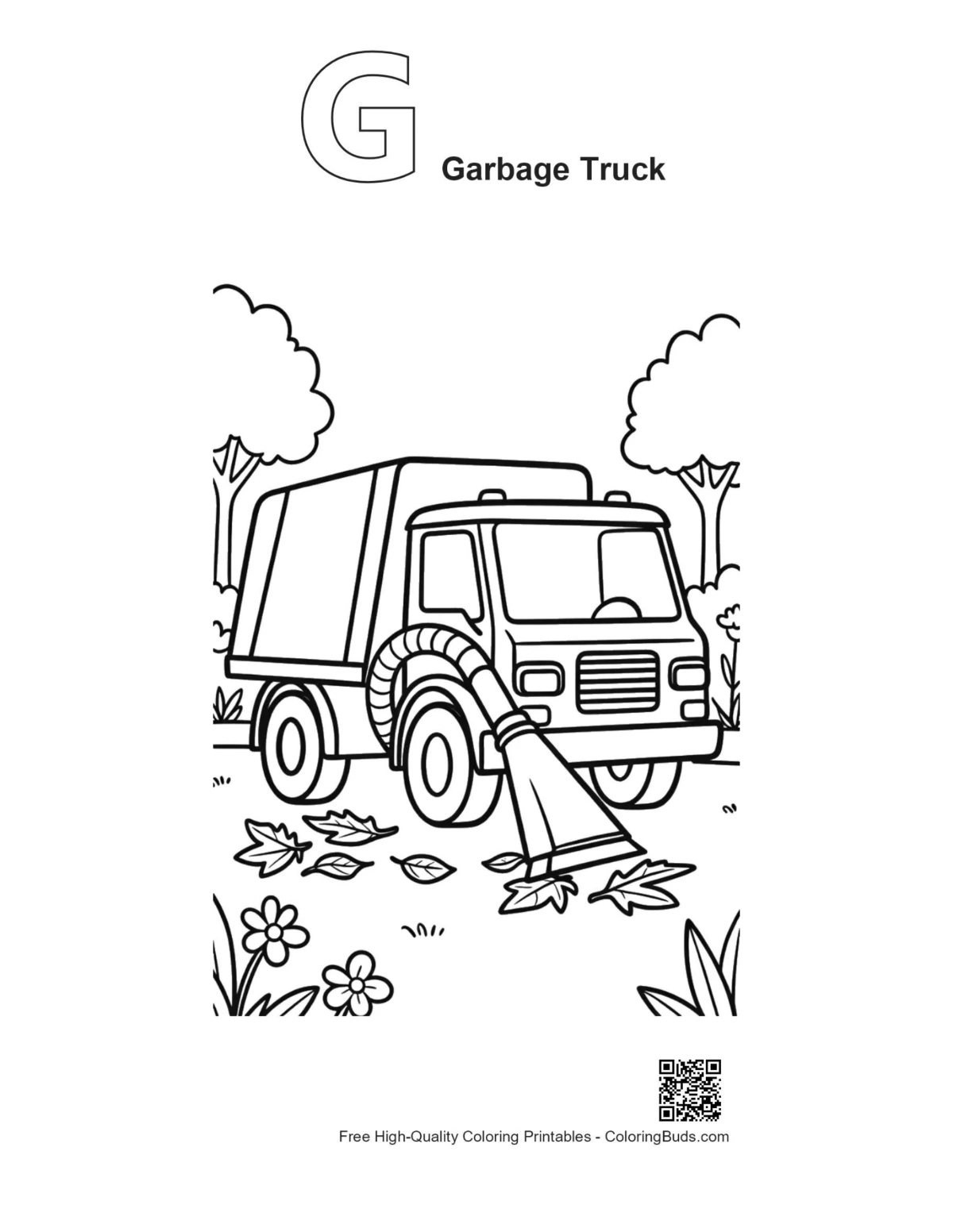 Garbage truck outline with letter G coloring page