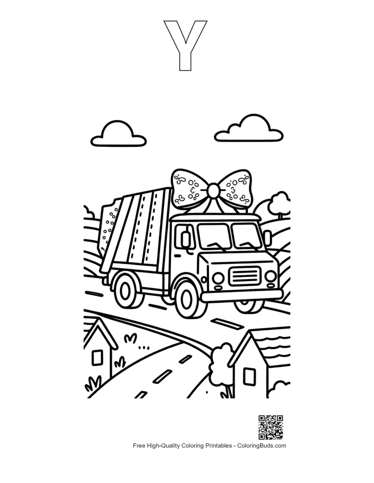 Recycling truck coloring page with alphabet Y outline