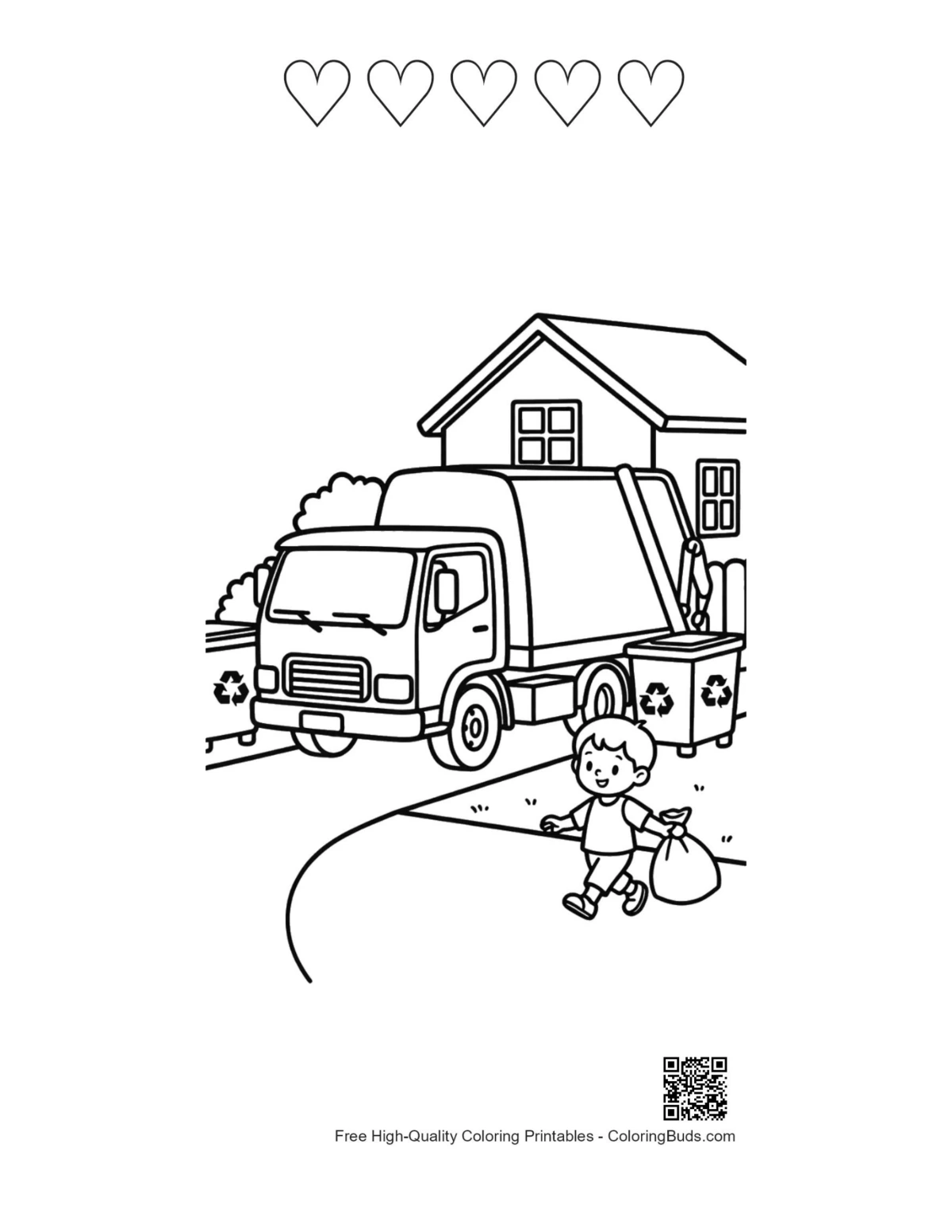 Young boy recycling truck with 5 heart outlines printable