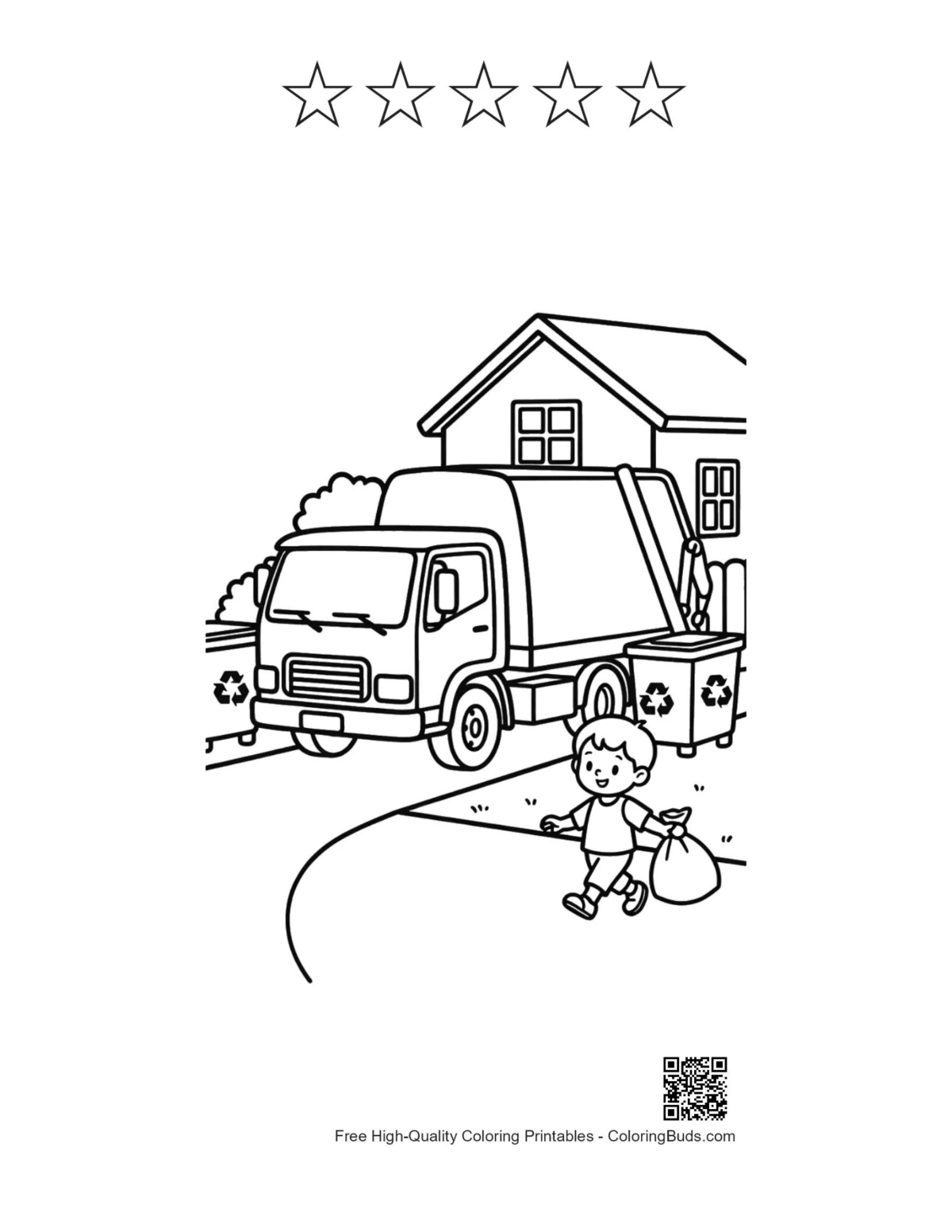 Young boy recycling truck printable with 5 star outlines
